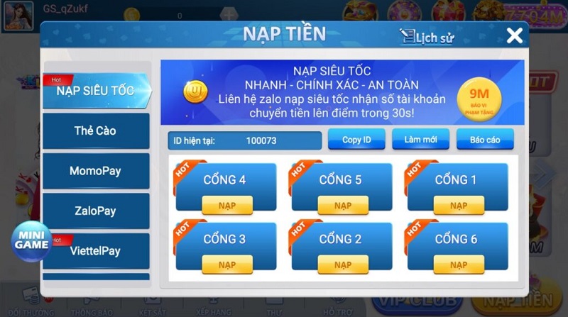 Cổng game Ku Fun cung cấp đa dạng cổng nạp tiền tiện lợi