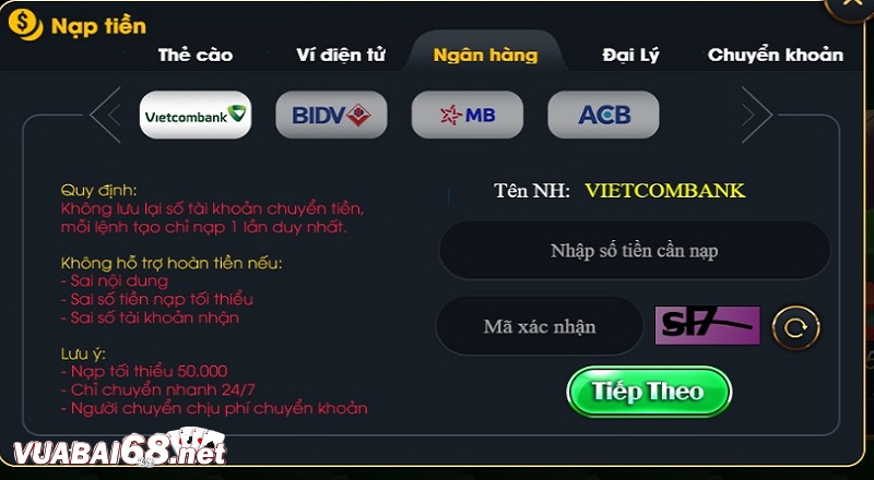 Nạp tiền nhanh chóng với nhiều hình thức tại Yeah Win