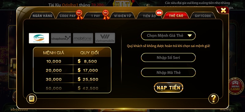 Mua thẻ cào nhiều mệnh giá nạp tiền lấy vốn chơi game đổi thưởng tại Hit Club